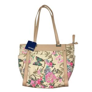 Vintage Floral Butterfly Zip Shoulder Bag Tote Purse Tan Pink Cottagecore Y2K